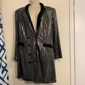 Silver sequin tuxedo dress w/ velvet trim